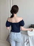 French Sexy Hottie Bubble Sleeve Short-Sleeved T-Shirt Girl Summer Pure Lust Collarbone Repair Short Top Female T-Tide