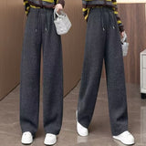 Spring And Autumn Casual Wind With Solid Color Pumping Rope With Pocket Broad Leg Pants Women Loose Waist Loose Straight Trousers