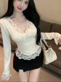 Purely Sexual Lace Lace V-Neck 2026 Women's Autumn And Winter Bottoming Shirt Slime Waist Thin Inside T-Shirt Top