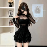 Sexy Solid Color Mesh Splicing Long-Sleeved High-Necked Cake Skirt Women's Spring High-Sensing French Banquet Dress Short Skirt