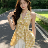 Summer Dopamine Yellow Lattice Hanging Neck Bare Shoulder Clothes Irregular High-End Feeling Waistless Sleeve Sleeve Sling Shirt