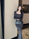 Pure-Style French Sexy Collar Long-Sleeved Dress Women Autumn And Winter New Body-Repair Hot Girl Bag Hip Fishtail Long Dress