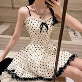 Sweetheart Girl Wave Point Sling Skirt Summer New Bow Wood Ear To Thin Splicing Lace Dress