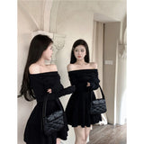 French Temperament Collar A Short Skirt Long-Sleeved Dress Girl Autumn Sweet Hottie Repair Waist Small Black Dress