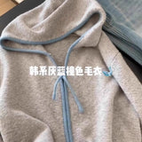 KANING Soft Blue Hooded Knitted Cardigan Women 2026 Autumn New Zip Casual Soft Blouse