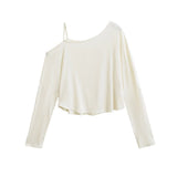 Street Pat Short Shoulder Curved Loose Long-Sleeved T-Shirt Personality Asymmetrical Fashion Tops Thin