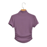 2025 Pure Lustful Wind Sexy Tight Chest Flanked Folded T-Shirt Thread Half-High Collar Short-Sleeved Top Woman