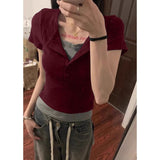 2026 Summer New Simple Pure Lust Fresh Sweet V Collar Two Short-Sleeved T-Shirt Ribs Tudy Ester