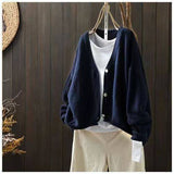 Autumn Literary And Art Collar Loose Solid Cotton Knitted Cardigan Women's Leisure Single-Dcupuncture Short Sweater Jacket