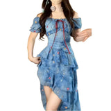 Beautiful Shoulder Blue Floral Dress Women's Summer Island Holiday Wind Short After The Long Irregular Sling Skirt