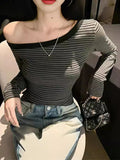 Ins Sexy Pure Hottie Word Shoulder Long-Sleeved T-Shirt Girl Retro Stripe Long Sleeves Bottom Shirt Female Tide