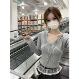 Autumn Ins Pure Desire To Sexy Low-Breast V-Neck De Velvet Lace Splicing Long-Sleeved T-Shirts For Girls With Short Bottom Tops