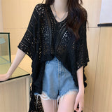 V-Necked Short-Sleeved Knitted Shirt Women's Thin Autumn Design Sense Of Small Unique To Loose Hooded Tops