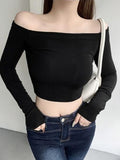 Ins Sexy Babes A Word Shoulder Short-Sleeved T-Shirt Girl Autumn Pure Want To Show Up Shoulder T-Shirt Bottom Thread Top
