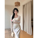 French Retro Hook Lace U-Neck Long-Sleeved Lace Lace Jersey Girl Summer New Hot Girl Sexy Perspective Thin Top