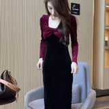 French Fashion Velvet V-Neck Dress Women 2025 Autumn And Winter New Bumpy Long-Sleeved Temperament Ass Long Dress