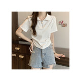 Casual Style POLO Neck Zipper Front Shoulder Short Sleeve T-Shirt Women's Summer Design Suction Rope Strap To Repair Short Blouse