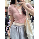 2026 Summer New Simple Pure Lust Fresh Sweet V Collar Two Short-Sleeved T-Shirt Ribs Tudy Ester