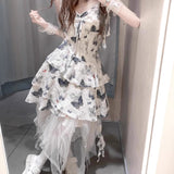 French Design-Sensitive Butterfly-Print Sling Dress Women's Summer Irregular Net Yarn Half-Dress Fashion Dress