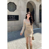 Purely Podiaced Babes V-Necked Long-Sleeved Dress Women's Autumn And Winter Folding Folding Waist-Buffed Short Skirt