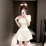 Light Luxury Rich Family Gold Pure Color Shoulder Dress Girl Small Man Waist A Short Dress Summer