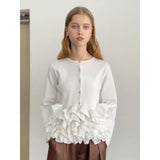 Multiplication Lotus Leaf-Side Spliced Folded Long-Sleeved Knitted Jersey Autumn And Winter Korean Version Of Lean Heavy Industry White-Collar Knitted Top