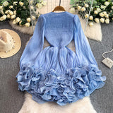 Net Red Niche High-Level Flow Light Tulle V-Neck Dress Female Heavy Industry Ponphysolious Three-Dimensional Lotus Leaf Side Skirt
