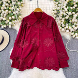French Niche Three-Dimensional Sunflower Embroidered Collar Long-Sleeved Shirt Women's Autumn 2025 Shirt Loose Thin Top