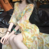 [Gyvinny Garden] 2026 Summer New Seaside Holiday Lantern Sleeve Watercolor Dye Oil Painting Dress