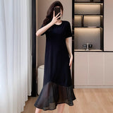 Irregular Bumpy Patchwork Short-Sleeved Dress Women's Design Sense Loose Thin Round Collar T-Shirt Dress New