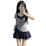 Early Summer Wear Sweet Hottie Pure Breeze Half-Neck Gray Short-Sleeved T-Shirt + Broken Flower Sling Skirt Skirt Two Sets Of Women
