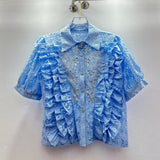 Heavy Industry Nail Beads Diamond Glide Design Sweet Wood Ear Lace Splicing Hook Hollow Short Lace Shirt Woman