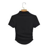 2025 Pure Lustful Wind Sexy Tight Chest Flanked Folded T-Shirt Thread Half-High Collar Short-Sleeved Top Woman