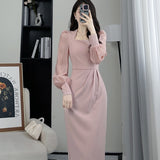 2025 Autumn Long Sleeve French Waist Design Sense Of Medium Long Temperament New Square Neck Thin Dress Casual