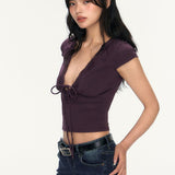 Pure-Want-Style Sexy Lace Splicing V-Neck Short-Sleeved T-Shirt Women's Summer Design Sense Slimming Short Dress