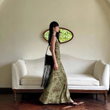 New Chinese Green Mesh Yarn Sling Dress Female Summer Design Temperament Pocketed Fishtail Dress