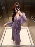 Sexy Purple V-Neck Lace Dress Femininity Bodybrets With Hip Dress Fishtail Dress
