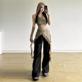 French Retro Hottie Net Yarn Sleeveless Vest T-Shirt Girl Autumn Irregular Slim Thin Long Top