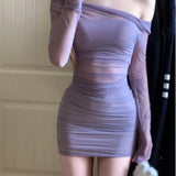 Spice Girls Sexy Micro-Permeable Mesh A Word Shoulder Long-Sleeved T-Shirt Girl Early Spring Shoulder Repair Slim Short Dress