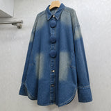 Standing Autumn And Winter Collar Bubble Long Sleeves Big Button Design Retro Washing Color Loose Street Trendy Denim Shirt