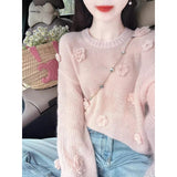 KANING Korean Round-Neck Thin Long-Sleeved Knitted Shirt 2026 Autumn Women's New Loose Thin Flower Top