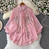 Ocean Gas Age Reduction Shirt Female French Heavy Industry Shiny Embroidery Diamond Set High-End Lantern Sleeve Thin Top Tide