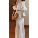 2025 Autumn Retro New Chinese Style Giant V-Neck Lantern Sleeve Top & Net Yarn Fishtail Skirt Suit