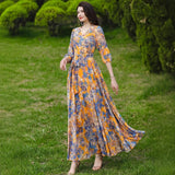 Summer Printing Bubble Sleeve V Tie With Dress Femininity Slim Mother Dress Beach Dress