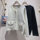 KANING Imitation Velvet Round Bag Pocket Knitted Cardigan Women 2026 Autumn New Fashion Small Scented Sweater Jacket