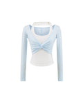 Hottie Wind Hanging Neck Color Fake Two Long-Sleeved T-Shirt Girl Design Tight Sex Sexy Bottom Short Top