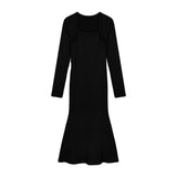 Pure-Style French Sexy Collar Long-Sleeved Dress Women Autumn And Winter New Body-Repair Hot Girl Bag Hip Fishtail Long Dress