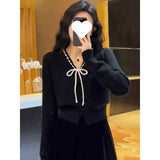 KANING Small Fragrant Wind Bow Gray Knitted Cardigan 2026 Autumn New Wear Wearing A Short Sweater Top Woman
