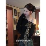 Vintage Pure Babes Leopard-Print Bow Tie With T-Shirt Women's Early Autumn Design Embstaple Shoulder Coat