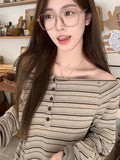 Lazy Wind Collared Shoulder-Striped Women's Spring And Autumn Long-Sleeved Loose T-Shirt Retro Wasteland Casual Blouse